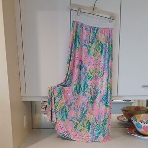 Lilly Pulitzer Pink and Blue Ruched Maxi Skirt
